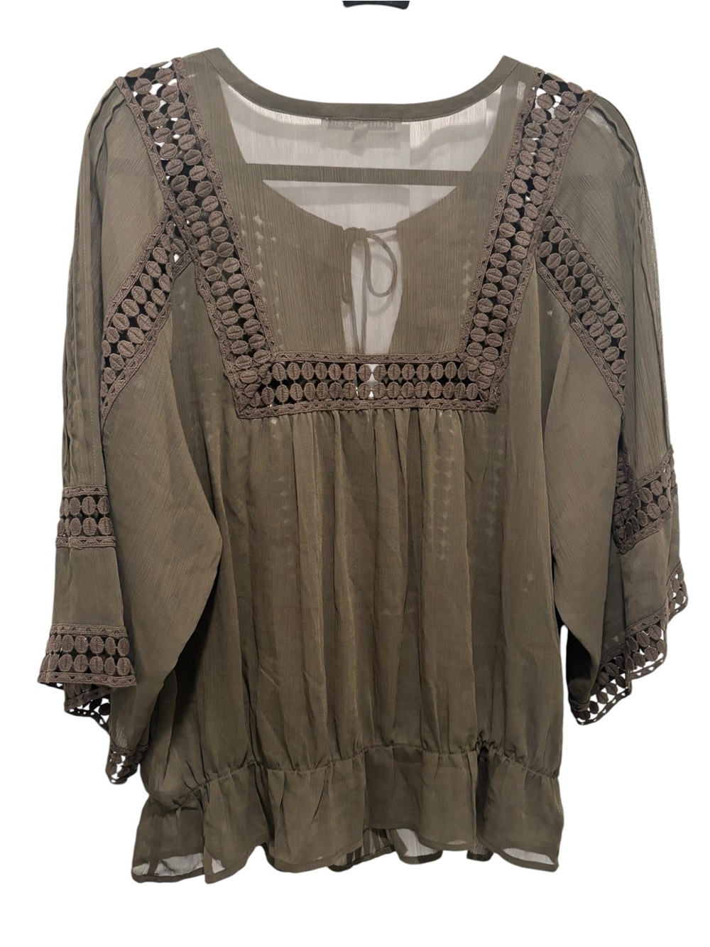 Daniel Rainn Olive Green Crochet-Trim Peasant Top